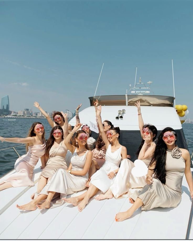Bachelorette group celebrating on a yacht