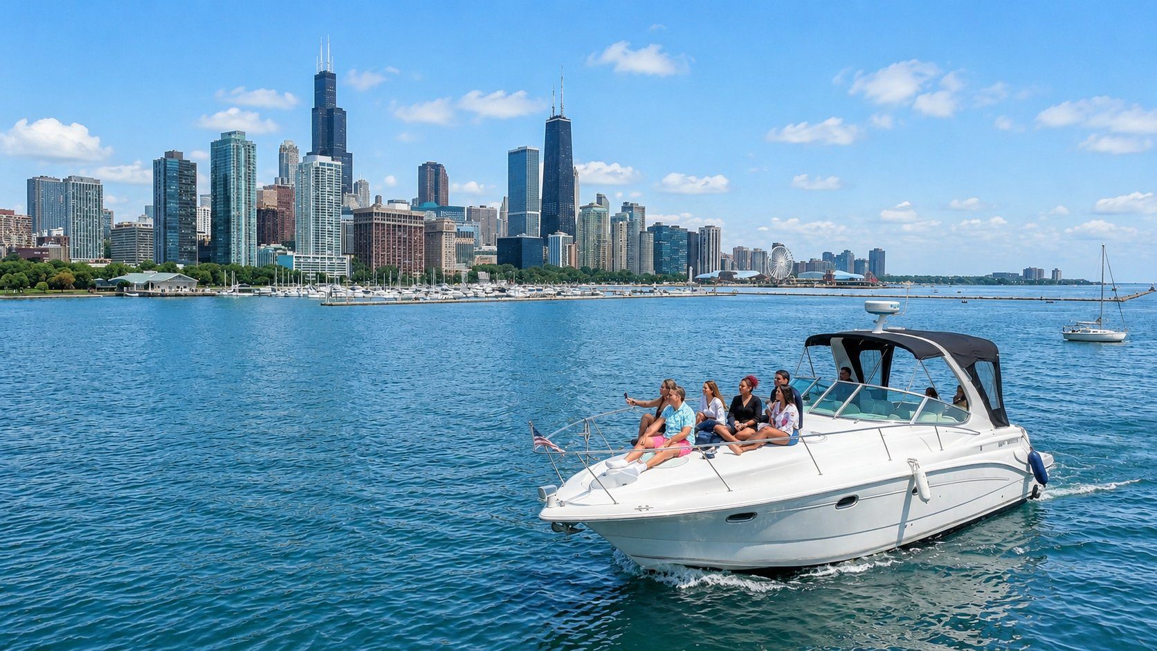Guests on a yacht on Lake Michigan with the Chicago skyline