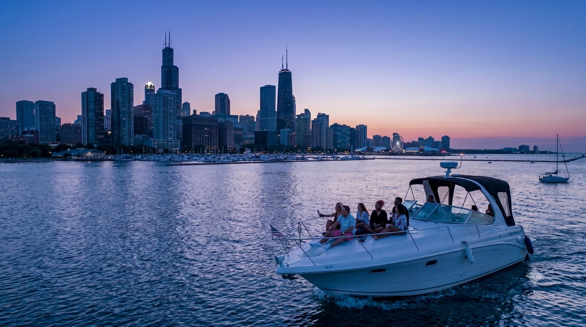 Sunset view from the bow of a yacht with the Chicago skyline